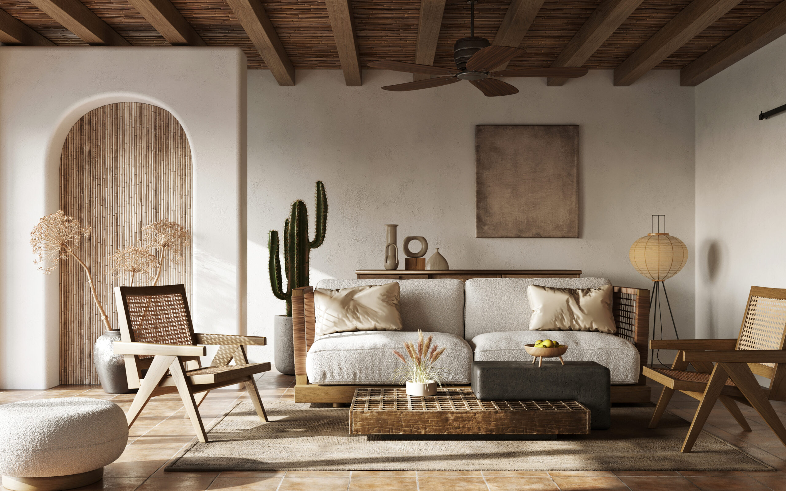 Rustige kleuren, natuurlijke materialen voor een interieur in Ibiza-stijl